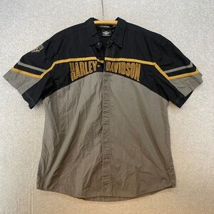 Harley Davidson Shirt Mens XL Gray Short Sleeve Hidden Snap Front Moto Mechanic